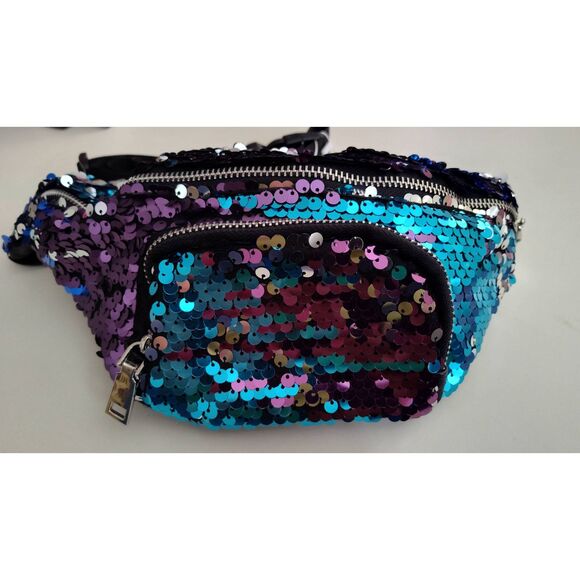 SEQUIN BLUE SILVER PURPLE FANNY PACK BELT BAG POUCH UNISEX NWT - Picture 1 of 12